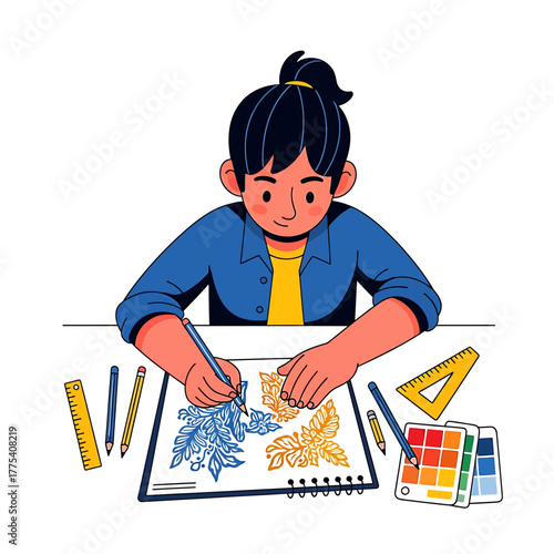 Illustration of a young woman designing a pattern on paper with pencils, ruler, and color swatches on a white table.
