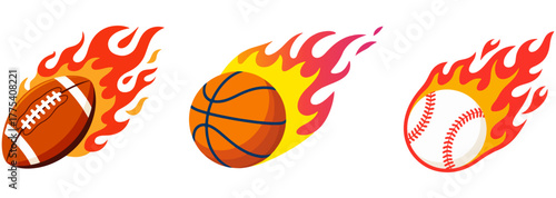 Flaming Sports Balls Vector Set – Dynamic Fireball Illustrations of Football, Basketball, and Baseball for Energy, Speed, and Motion Design.