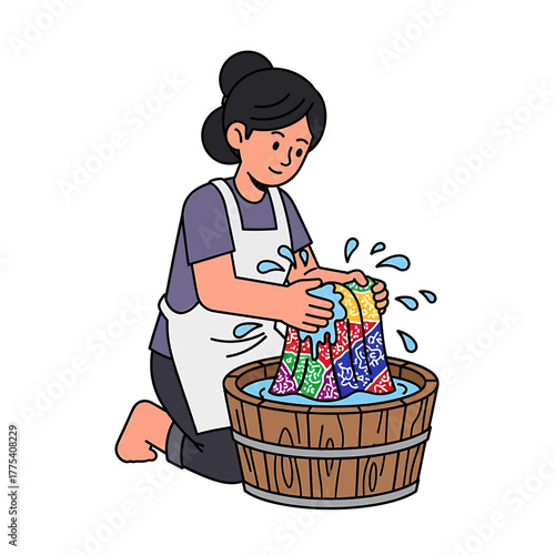A cartoon woman wearing an apron hand washes colorful clothes in a wooden bucket.