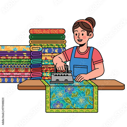 A woman is ironing a batik fabric with a stack of colorful batik fabrics in the background.