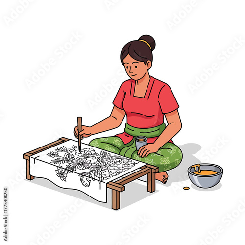 A woman artist is meticulously creating a batik artwork on a stretched canvas, demonstrating traditional craft.