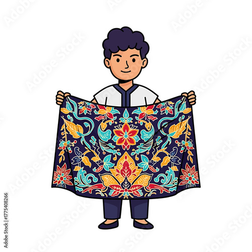 A cartoon illustration of a person holding up a colorful batik cloth, showcasing the intricate design.