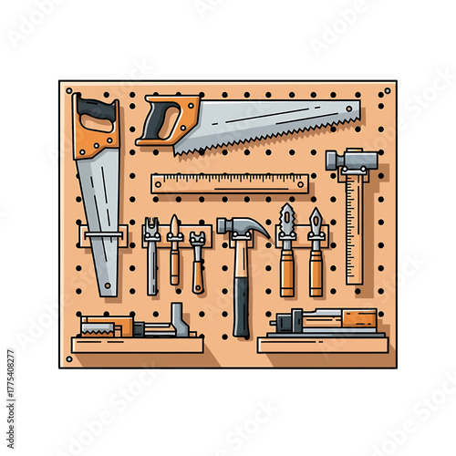 A detailed illustration of a wooden pegboard displaying a variety of carpentry and woodworking tools, neatly organized for easy access.