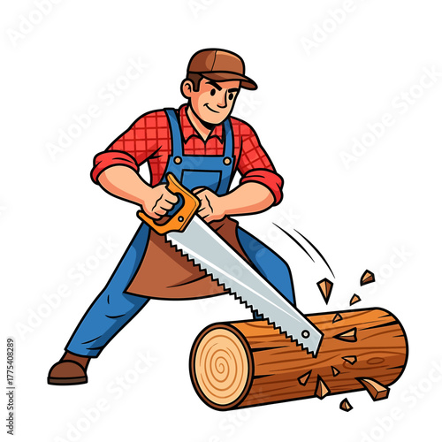 Cartoon illustration of a strong lumberjack or woodworker sawing a large wooden log with a hand saw, creating flying wood chips.