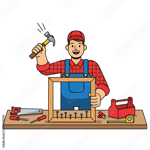 Man in overalls and cap hammering nails into a wooden frame on a workbench with various tools.