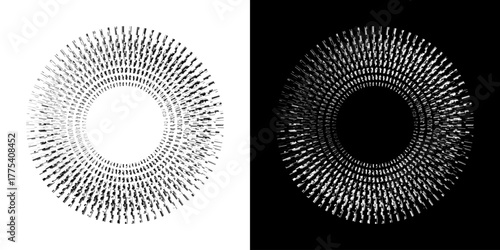 Dynamic abstract spiral sound wave rhythm lines. Circular spiral sound wave rhythm of lines. Circular futuristic abstract lines, black and white background.	
