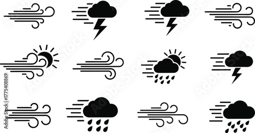 Weather icon vector set, wind cloud rain lightning, forecast symbols, climate graphics, cad drawing flat vector illustration, meteorology UI elements