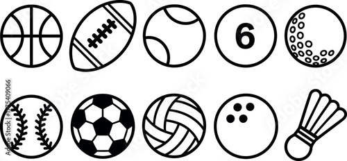 Variety of sports balls black and white vector icons design