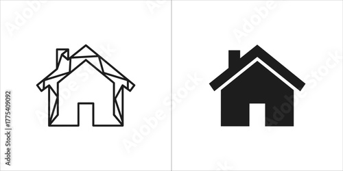 House icon, geometric line art and solid silhouette