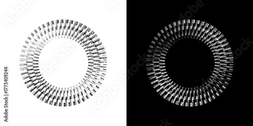 Dynamic abstract spiral sound wave rhythm lines. Circular spiral sound wave rhythm of lines. Circular futuristic abstract lines, black and white background.	