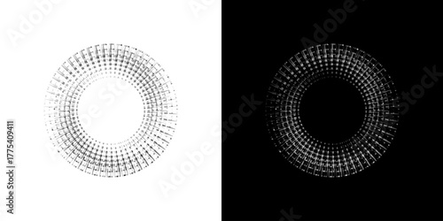 Dynamic abstract spiral sound wave rhythm lines. Circular spiral sound wave rhythm of lines. Circular futuristic abstract lines, black and white background.	