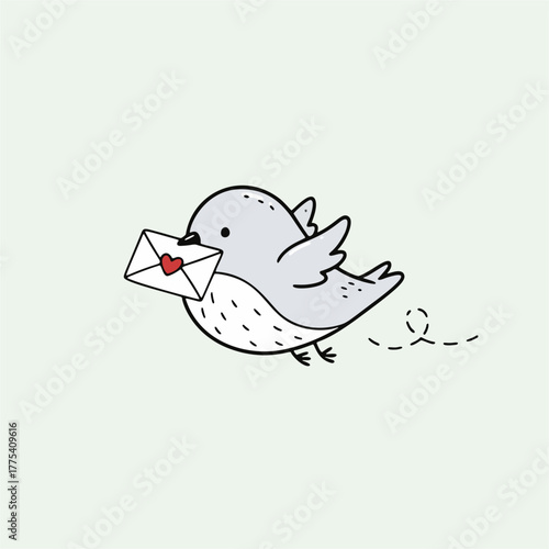 Cute cartoon bird flying with a love letter envelope in its beak, against a simple light green background, conveying a sweet message.