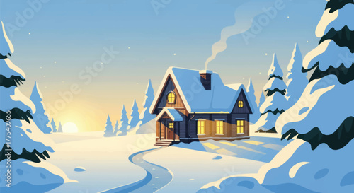 Cozy winter cabin nestled in snowy forest at sunset, a peaceful holiday scene evoking warmth and tranquility, perfect for seasonal greetings and travel ads