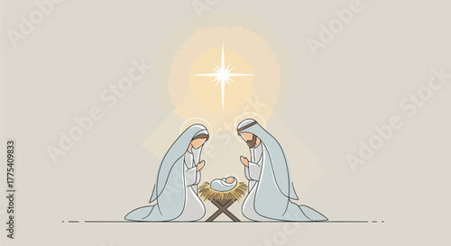 Celebrate the Miracle of Christmas with this Minimalist Nativity Scene Depicting Mary, Joseph, and Baby Jesus Under a Shining Star of Bethlehem