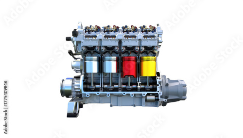 Four-cylinder internal combustion engine with colorful pistons in cutaway view, isolated on transparent background. Technical illustration showing mechanics.