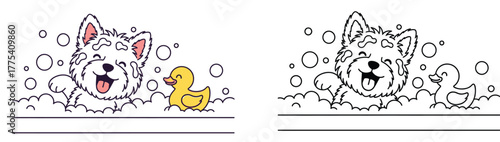 Happy Cartoon Dog Taking a Bubble Bath with a Yellow Rubber Duck - Joyful Pet Grooming Illustration