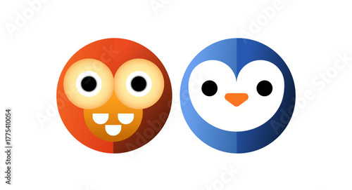 A playful vector illustration of a cute owl and penguin face in round, minimalist style. Bright orange and blue tones with clean geometric shapes create a modern flat design.