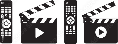 Two movie clapper boards and remote controls silhouette