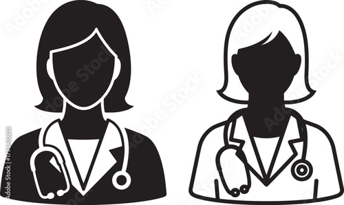 Two female doctor icons silhouette