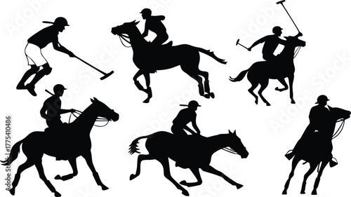Dynamic polo players on horseback silhouettes in fierce competition, capturing the speed, skill, and elegance of equestrian sports, thrilling action