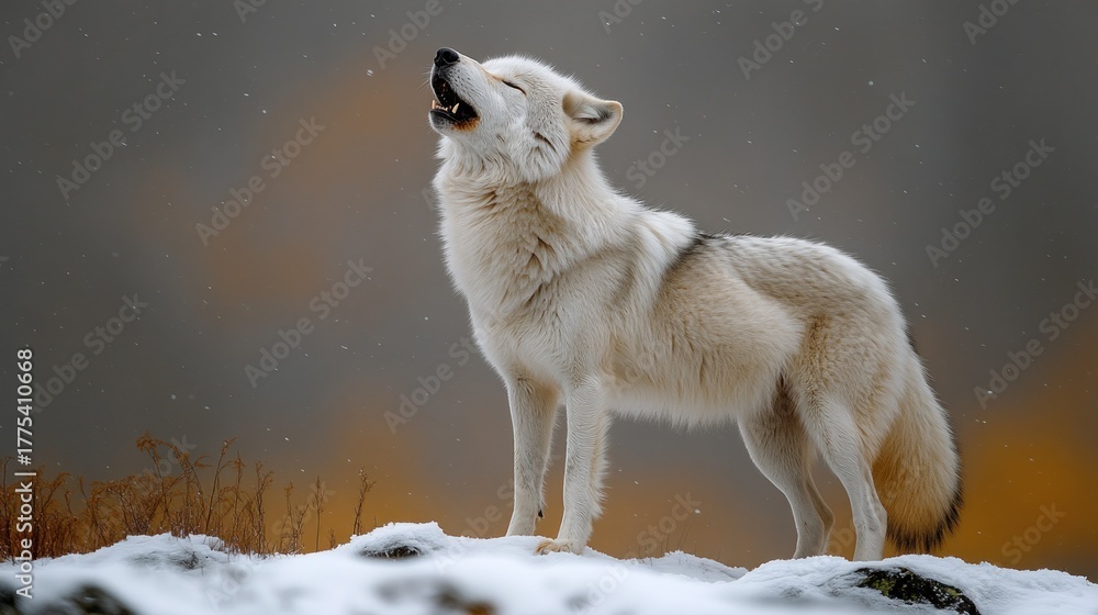 Obraz premium Pale wolf howls at snowy landscape