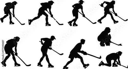 Dynamic hockey players in action silhouettes showcase intense athletic movement and sporting competition perfect for sports marketing and design projects