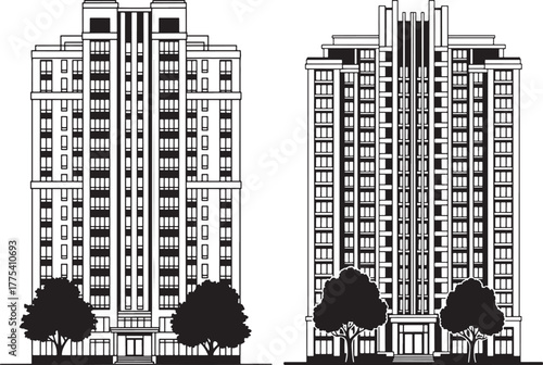 Two tall apartment buildings with trees silhouette