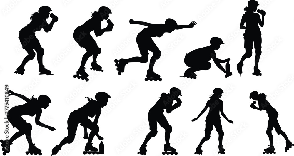 Fototapeta premium Roller skating icon collection. Includes rollerblading, skateboard, and inline skating silhouettes. Created in solid black style with white background.