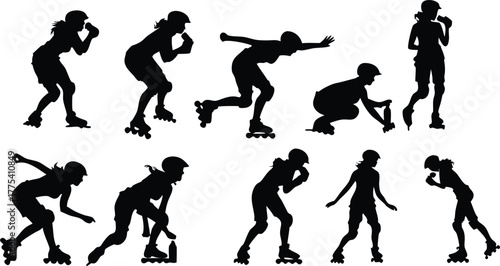 Dynamic roller derby silhouette set for sports branding and team logos, conveying agility, strength, and fierce competition for action designs