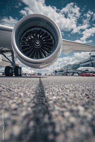 Close-up of a jet engine on an airplane, set against an airport tarmac.  The engine's intricate turbine is prominent, while the tarmac and airport background are visible