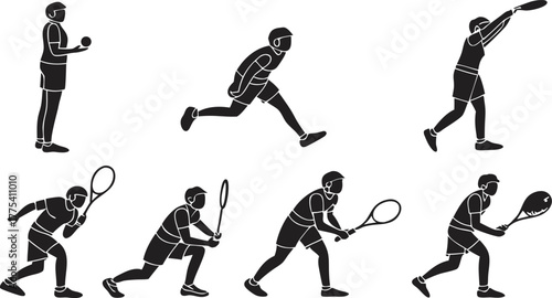 Dynamic vector silhouette of tennis player in action, showcasing athletic skill and movement, perfect for sports branding and fitness promotions