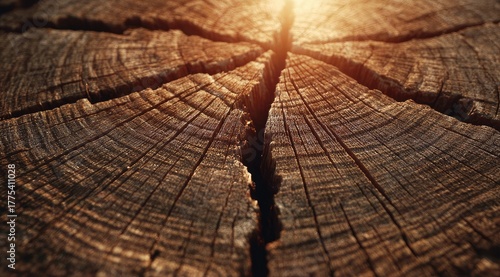 Close-up of weathered tree stump. Sunlight highlights the wood grain