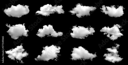 Collection of fluffy white clouds isolated on black background, realistic cumulus shapes for digital art, sky overlay, and photo editing design, natural atmosphere texture pack.