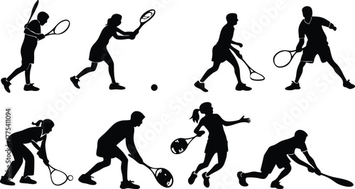 Dynamic tennis players silhouettes in action ready for competition, showcasing energy, sportsmanship, perfect for athletic branding and fitness promotion