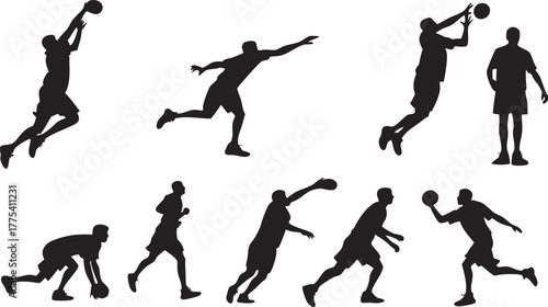 Dynamic basketball player silhouette collection for sports branding, athletic design, and energetic team visuals, perfect for posters and action themes