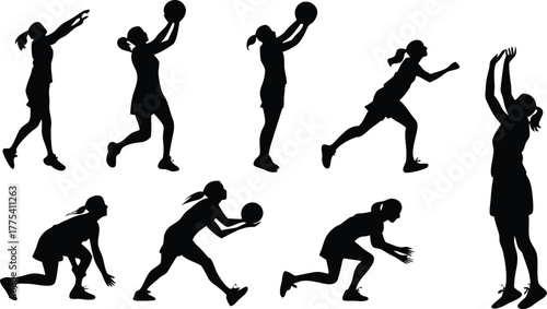 Dynamic silhouette collection of netball players in action, perfect for sports teams, fitness designs, athletic branding, and energetic presentations