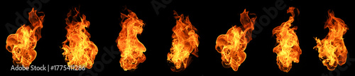 Set of realistic orange fire flames isolated on black background, burning heat texture for digital art, photo editing, and design overlay, dynamic energy concept.