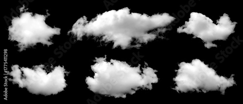 Set of fluffy white clouds isolated on black background, realistic cumulus shapes for photo editing, digital design, and sky overlays, natural atmosphere texture for creative artwork.