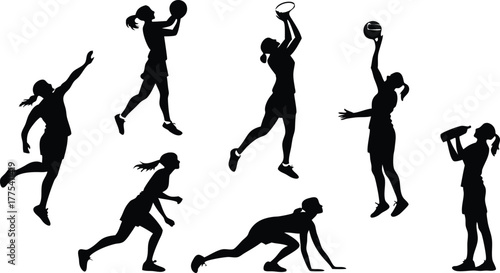 Dynamic silhouette action poses of female netball players in competitive game, sporty athletic women team competing, vector graphics origin