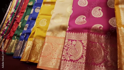 Close Up View of Colorful Silk Sarees with Gold Detailing Displayed in Row