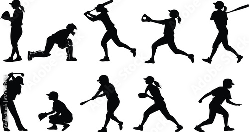 Dynamic softball silhouette collection featuring diverse actions - pitching, batting, catching and fielding, perfect for sports designs, and team graphics