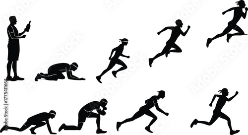 Dynamic runner evolution silhouette showing progress and determination, ideal for fitness, sports, and athletic achievement concepts, vector based