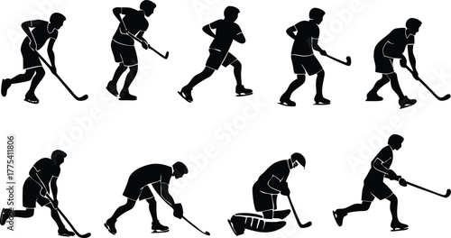Dynamic hockey players silhouettes in action showcase athleticism and teamwork, perfect for sports branding, advertising, or game day promotions
