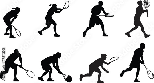 Dynamic squash players in action poses for sports designs, athletic competitions, and fitness promotions, originally designed as a scalable vector graphic