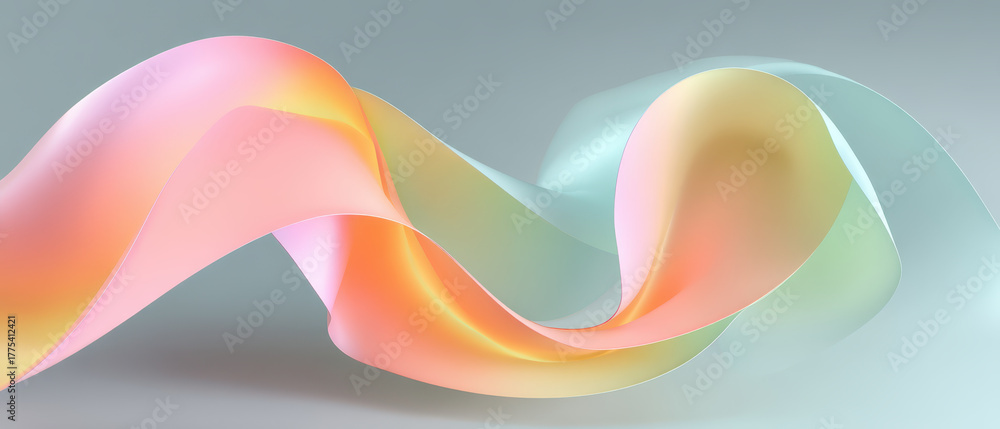 Fototapeta premium Flowing, colorful abstract ribbon with soft pastel hues of pink, orange, and blue creates sense of movement and elegance against neutral background
