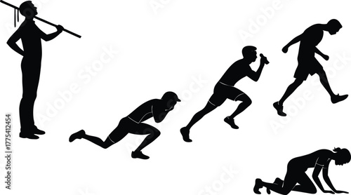 Dynamic silhouette sequence of an athlete's journey, from standing tall to overcoming challenges, representing resilience and determination in sports