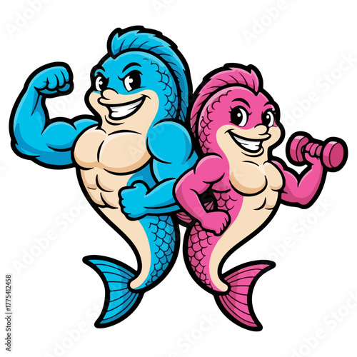 Strong Fish Mascot Vector Illustration – Cartoon Fitness Sea Creature Characters with Muscular Bodies, Fun Gym and Sports Logo Design Concept