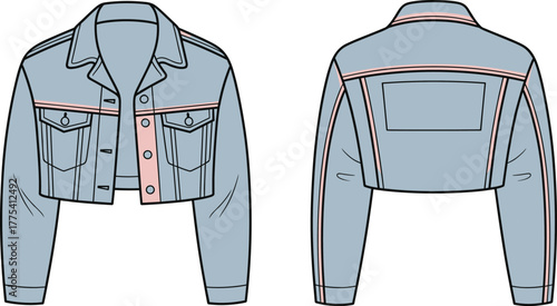 Cropped denim jacket, women’s fashion design, button front closure, chest flap pockets, pink contrast piping, technical flat sketch, apparel illustration