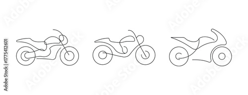 Three stylized motorcycles line drawing for graphic design projects