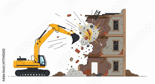 Vector flat design of an excavator demolishing an old building.